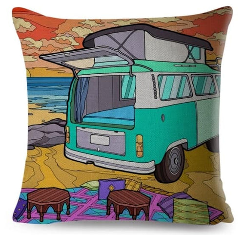18 inch double sided pillow case, green VW Bus Camper on the beach