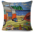 18 inch double sided pillow case, red and white VW Bus by a Lake