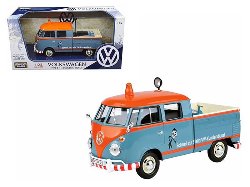 Volkswagen Type 2 (T1) Delivery Service Pickup Truck Blue and Orange "VW-Kundendienst" 1/24 Diecast Model Car by Motormax  free shipping USA